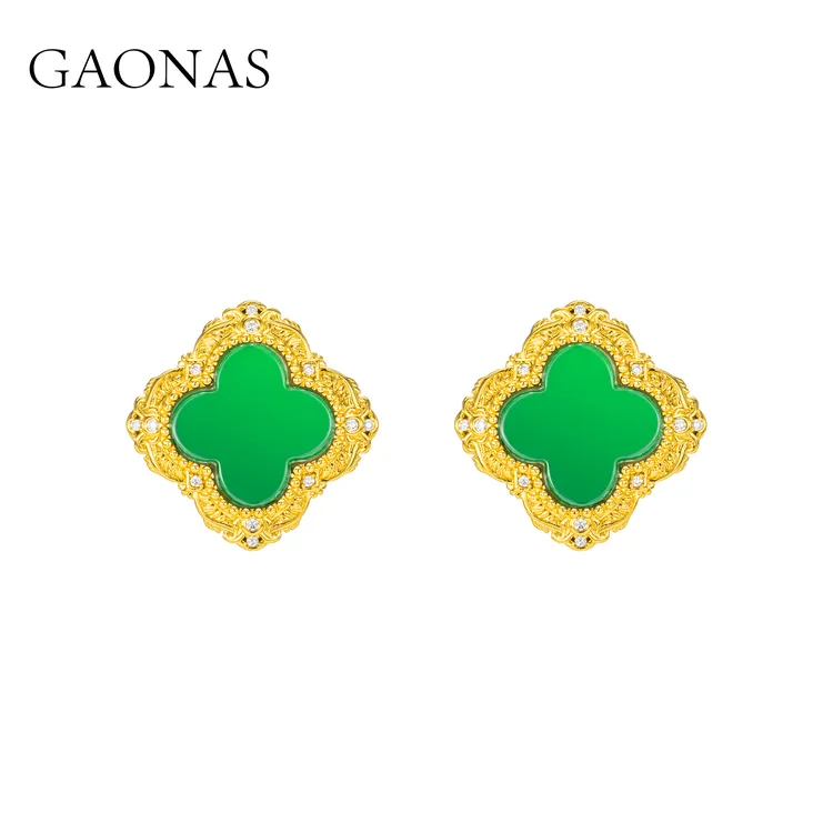 GAONAS 镀K金合成锆石耳饰 女士贵气绿花设计金色耳钉11684EG