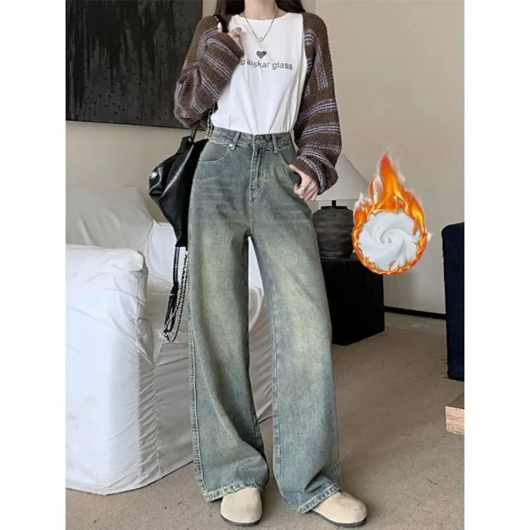 复古做旧阔腿牛仔裤女秋冬款加绒美式水洗休闲高腰宽松显瘦牛仔裤