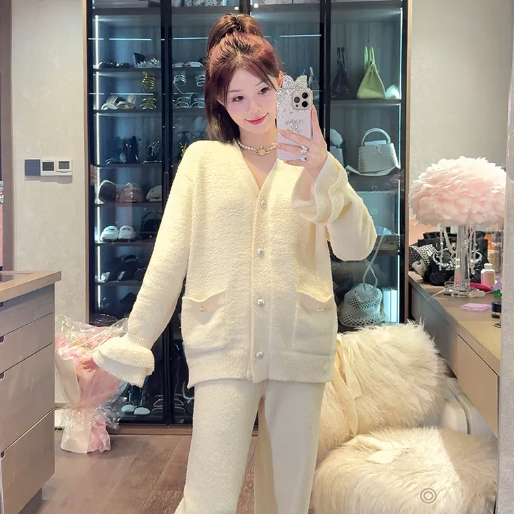 DIMDEVL/汀黛心愿少女精致荷叶袖秋冬加厚保暖半边绒睡衣家居服