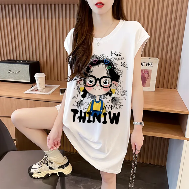 2025夏季无袖背心T恤裙女宽松慵懒风显瘦设计感卡通纯棉连衣裙ins