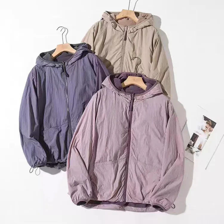 云柔泡芙！25新款纯色双面双穿驼绒撞色连帽轻暖防风百搭休闲外套