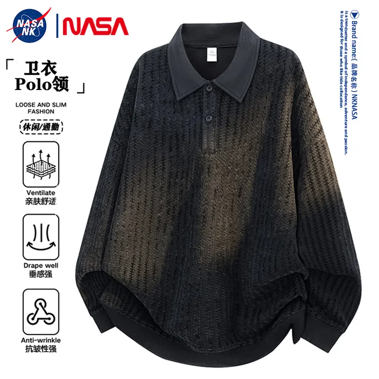 NASA联名纹理感潮牌polo领卫衣男士春秋季青少年百搭宽松休闲上衣