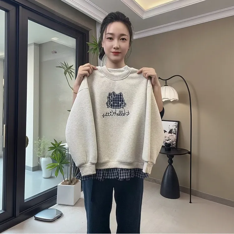 女童加绒假两件长袖卫衣刺绣小猫卡通绣花圆领秋冬装韩版宽松上衣