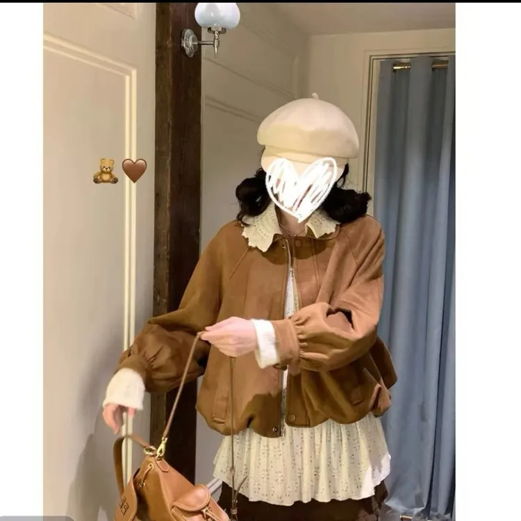 时尚套装鹿皮绒外套女百搭花边领秋季千金风短外套翻领小衫两件套