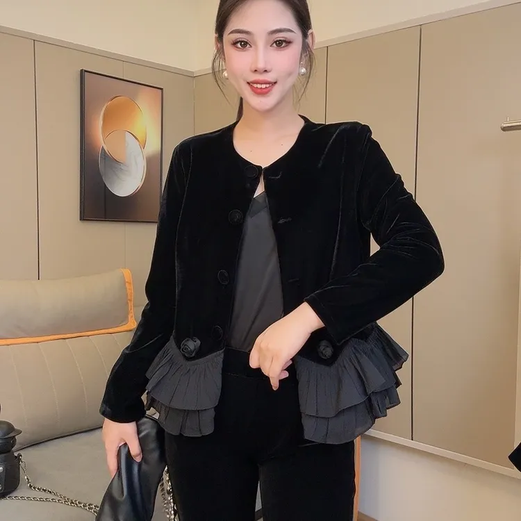 5616设计师原创定制高端品质时尚休闲新中式拼接秋季女神丝绒小衫