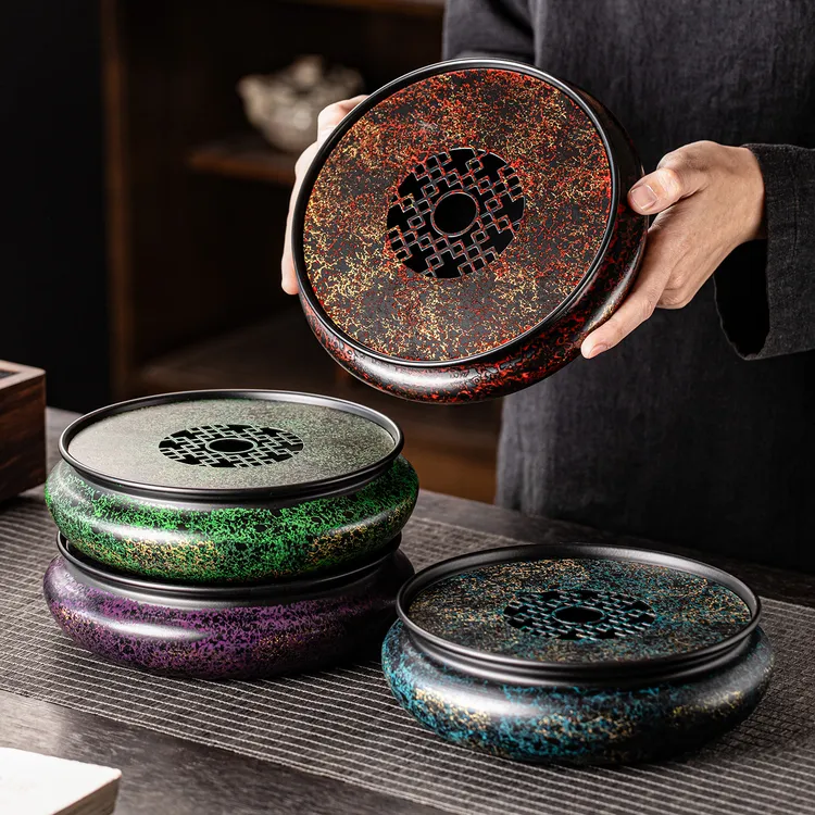 复古老铁漆器圆形干泡台茶盘壶承家用储水茶托盘干泡盘功夫茶具