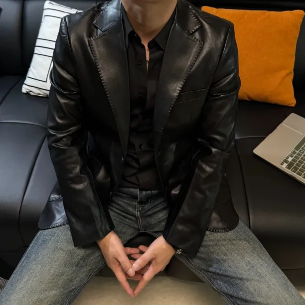 恩吧西服皮质套装西装男士春秋商务秋季简约韩版休闲潮男气质