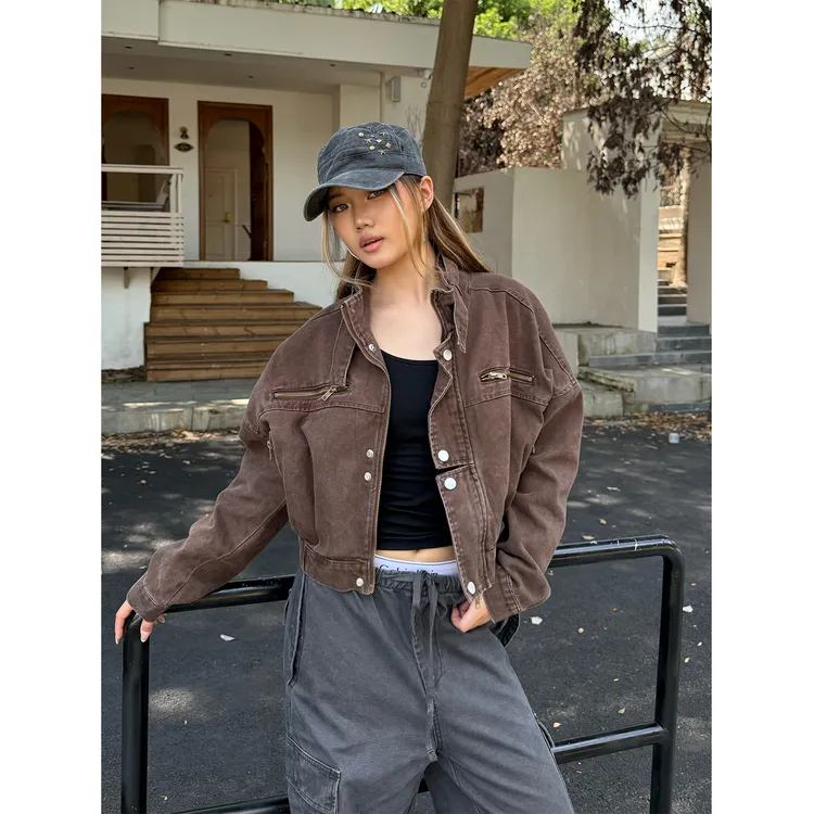 Don Cry 美式复古短款工装牛仔夹克外套女秋冬季新款立领宽松上衣