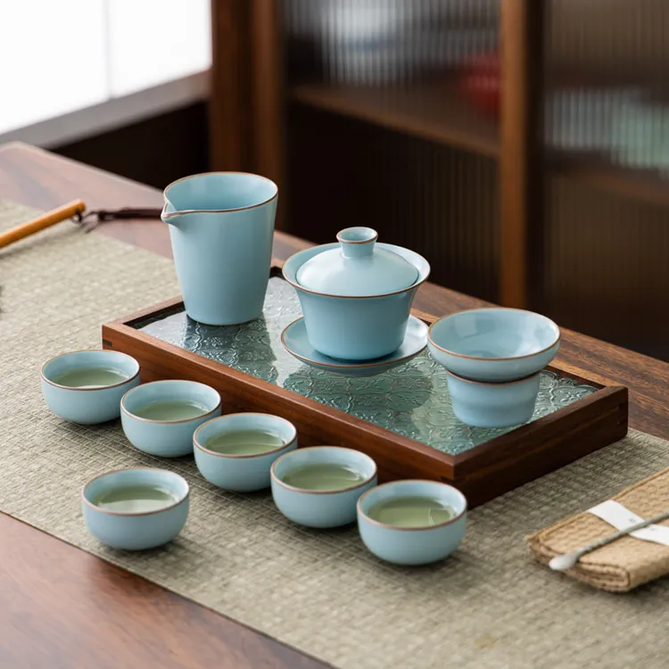 汝窑天青功夫茶具套装家用2025高档办公室会客陶瓷悬停盖碗茶杯