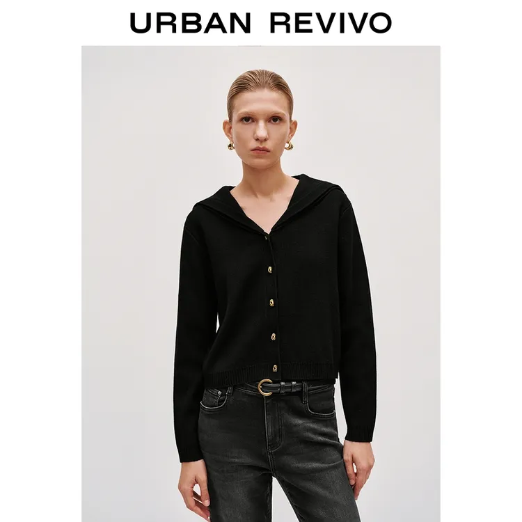 UR2025冬季新款女装都市气质金色排扣翻领针织开衫ULG950011