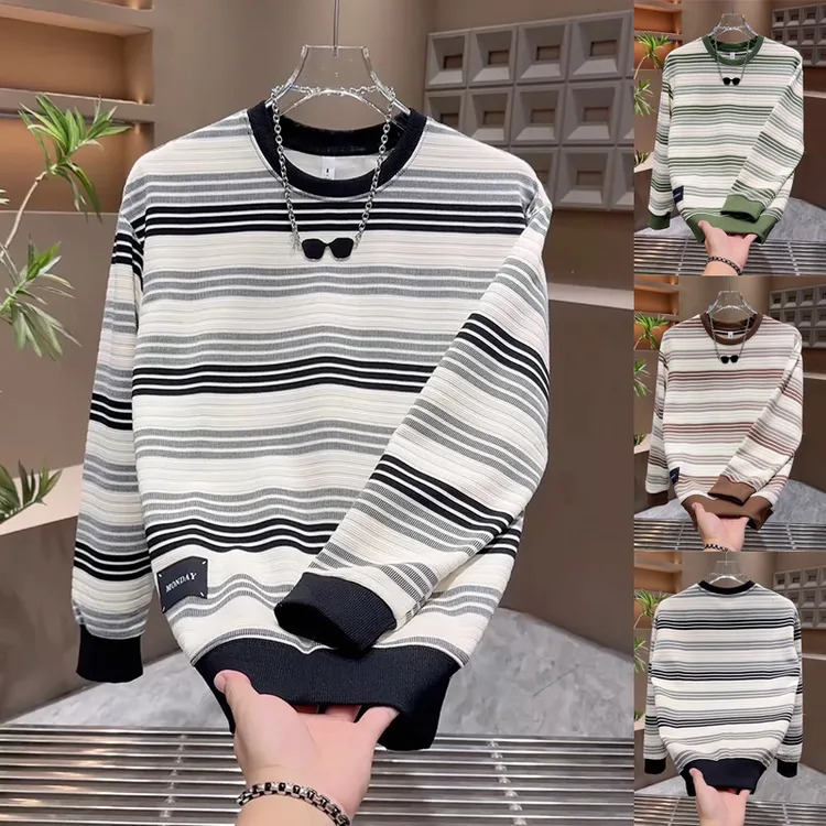 美式重磅条纹卫衣男2025秋冬加绒新款潮牌圆领内搭微阔长袖上衣