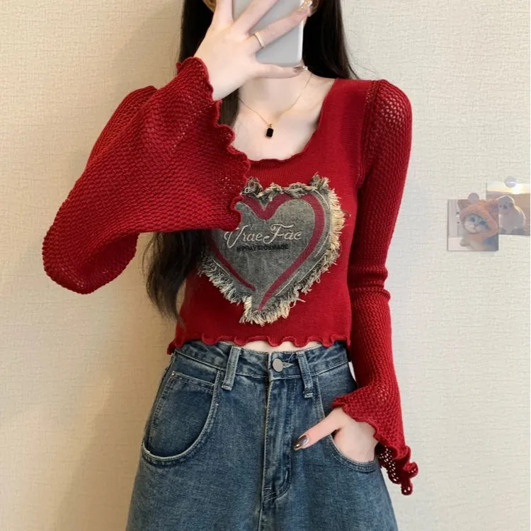 辣妹镂空牛仔贴布针织上衣女2025秋季新款高腰短款内搭U领打底衫