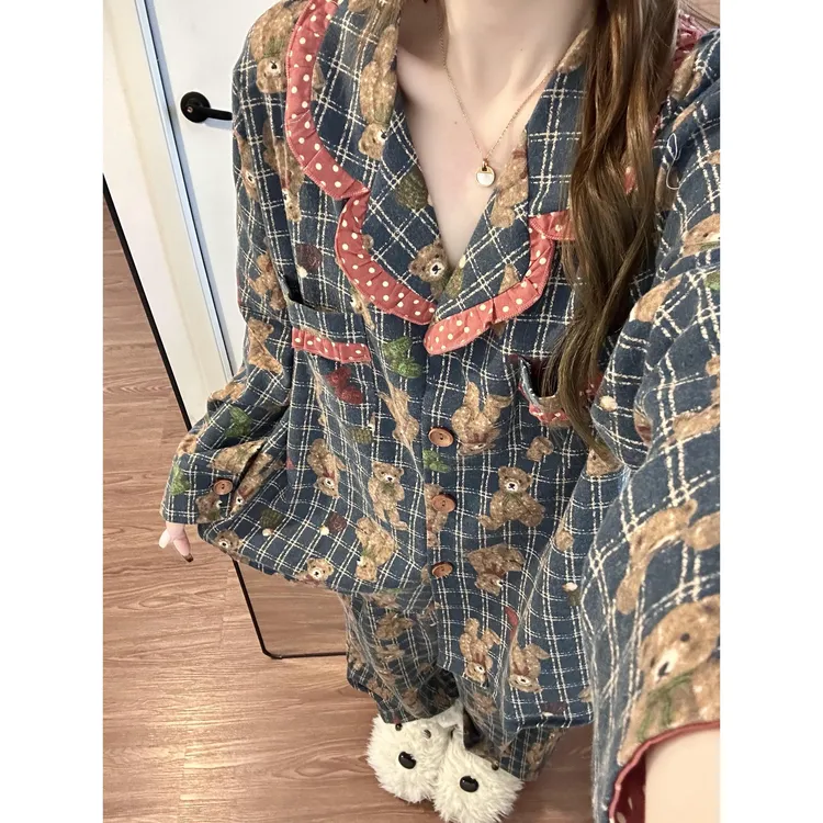 甜美卡通小熊印花撞色衬衫睡衣女春秋新款格纹长袖长裤家居服套装