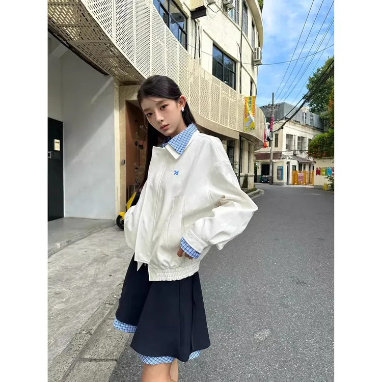 韩版假两件格子拼接格纹外套女春秋季新款小众百搭宽松夹克上衣潮