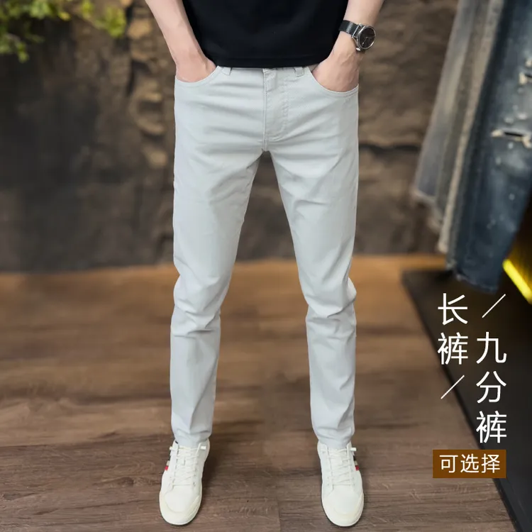 夏季薄款浅灰色男牛仔裤潮流欧货修身休闲百搭弹力小直筒九分长裤
