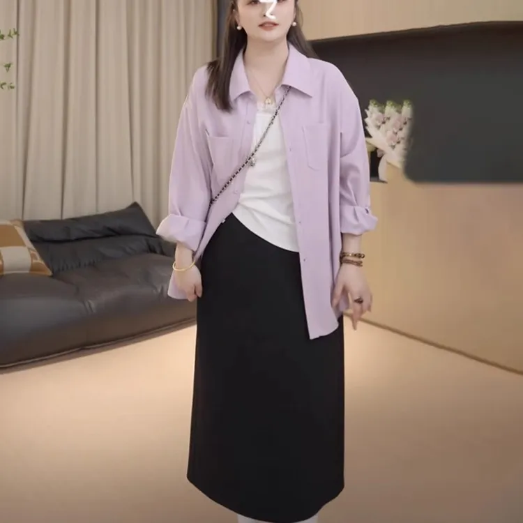 胖佳大码女装气质翻领紫色长袖衬衫女早春季胖mm宽松显瘦衬衣外套