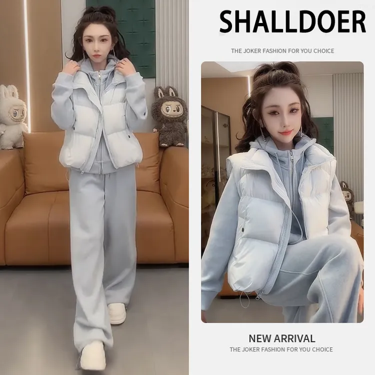 时尚气质马甲连帽外套阔腿裤三件套女士2026秋冬新款爆款宽松套装