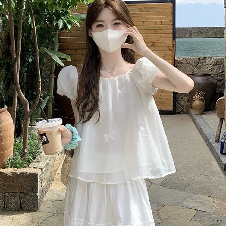 韩版女性蝴蝶宽松型洋气宽松高腰泡泡袖蝴蝶结衬衫