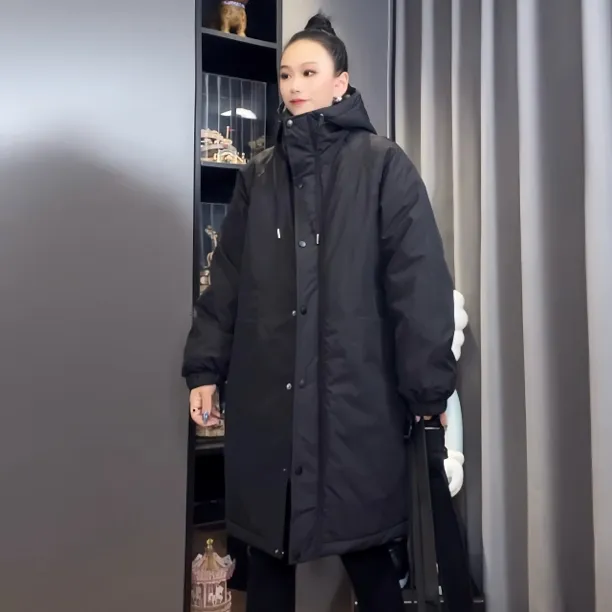 冬季棉衣女中长款百搭时尚宽松大码连帽休闲情侣保暖简约加厚外套