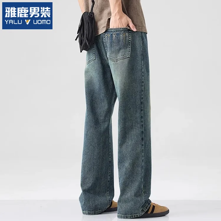 雅鹿美式复古微喇牛仔裤男2025新款夏季宽松直筒潮牌cleanfit弯刀
