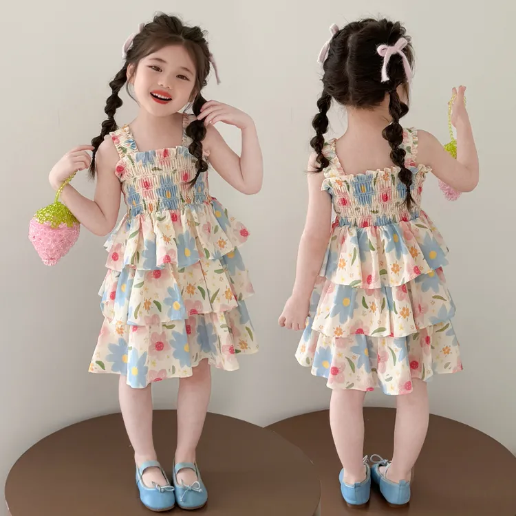 女童连衣裙夏季2025新款儿童洋气甜美碎花裙女宝宝薄款吊带蛋糕裙