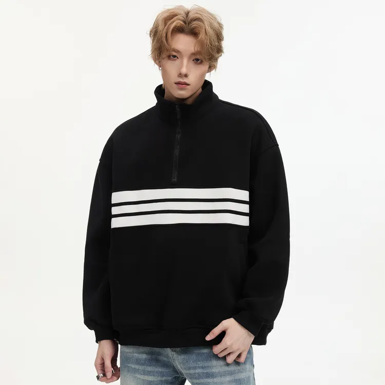 黑色重磅卫衣男生痞帅秋季条纹撞色情侣休闲上衣宽松半拉链外套