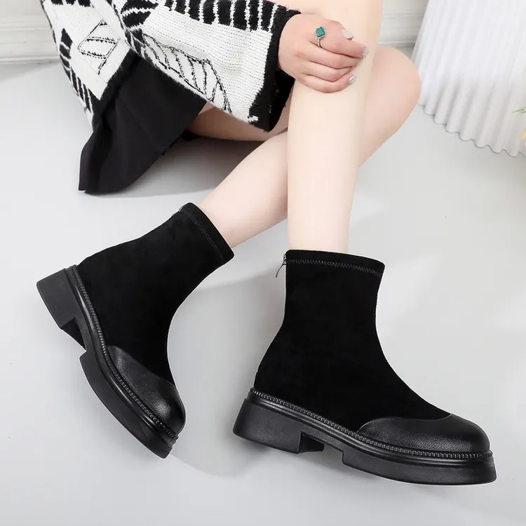 马丁靴2025秋冬新款软皮短靴女中跟皮靴百搭粗跟加绒保暖棉鞋