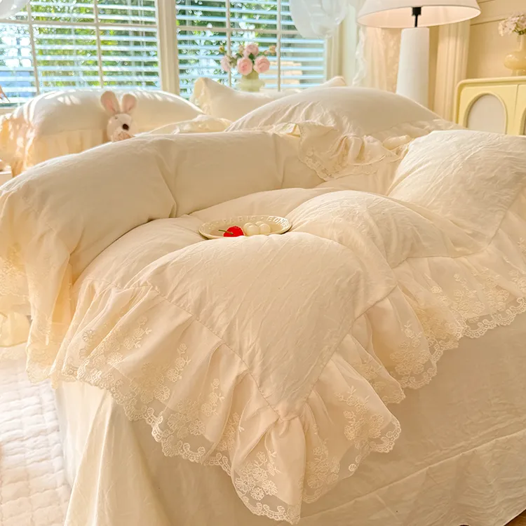 简约奶油白蕾丝花边床单被套四件套床罩被罩学生宿舍三件套非纯棉
