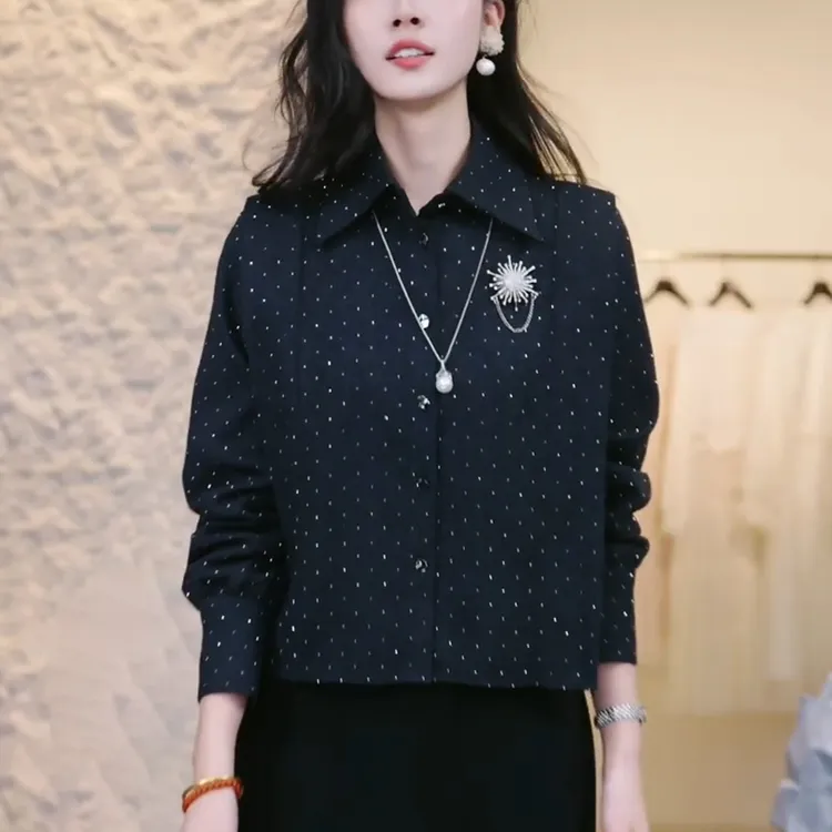 秋季新款女黑色波点长袖衬衫轻奢高级感宽松显瘦减龄洋气内搭上衣
