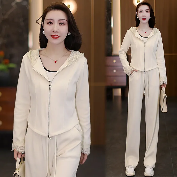 休闲运动套装女2025春季新款蕾丝拼接连帽卫衣阔腿裤时尚两件套潮