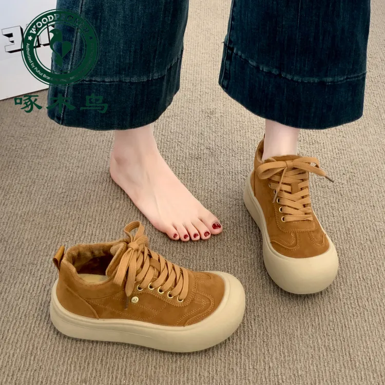 啄木鸟加绒高帮棉鞋女冬季2025新款厚底百搭休闲德训鞋保暖鞋子女