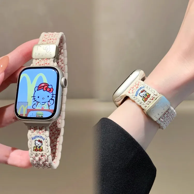 适用苹果手表S10可爱KT猫iwatchS9细款编织S8磁吸表带SE夏季7女款