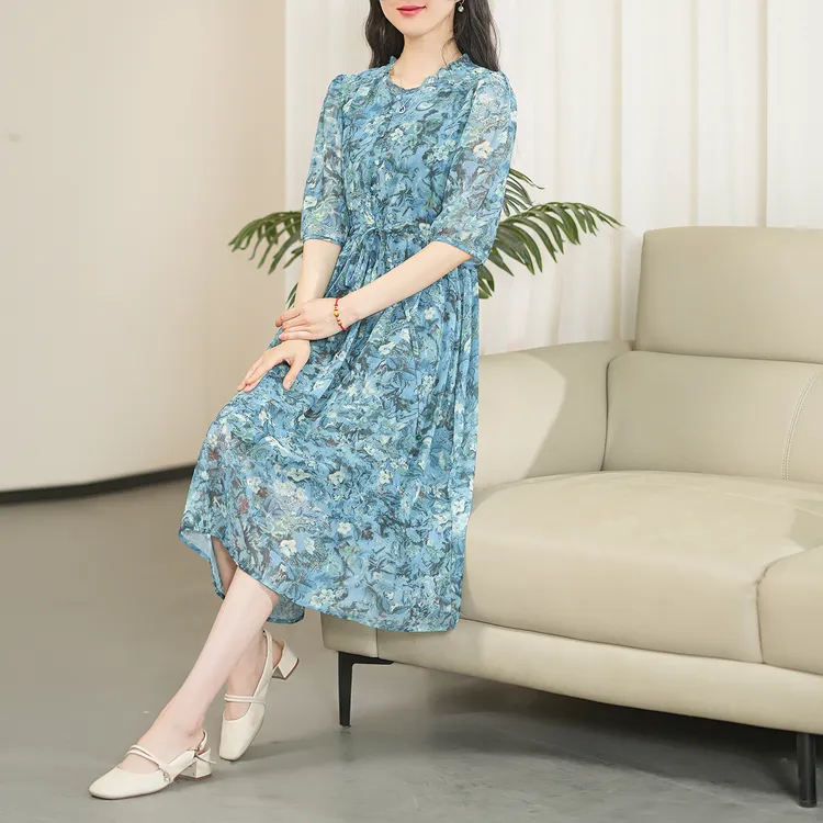 （繁花）2025年夏季蚕丝圆领扎染印花高腰显高显瘦时尚气质连衣裙