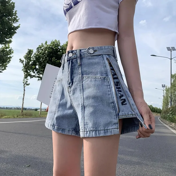 蓝色高腰牛仔短裤女夏季薄款设计感侧拉腰宽松显瘦遮胯五分阔腿裤