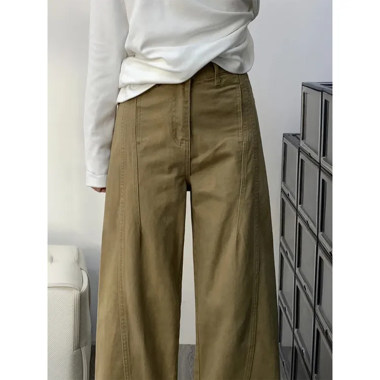冬季款大码卡其色高腰宽松女显瘦牛仔裤女简约垂感百搭直筒阔腿裤