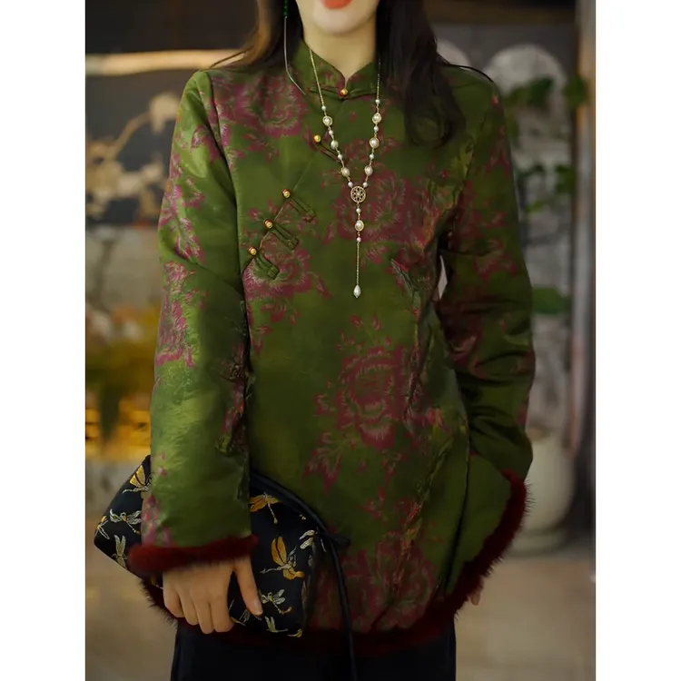 高级感文艺风印花盘扣立领夹棉衬衫2025冬季新款保暖加厚长袖衬衣