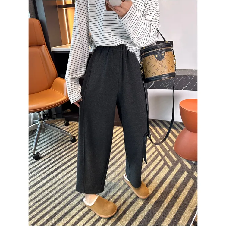 深灰色加绒毛呢休闲裤女秋冬大码胖mm梨形身材高腰宽松九分奶奶裤