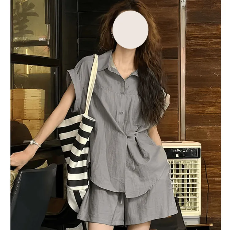 时尚洋气气质休闲套装女夏季新款宽松衬衫亚麻衬衣+短裤两件套装