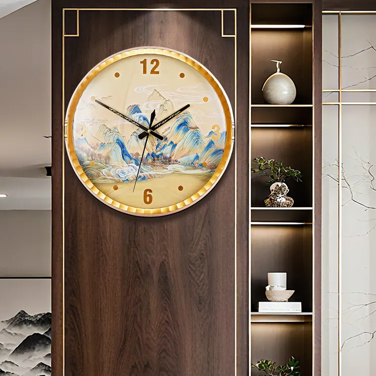新中式高档挂钟客厅静音装饰时尚简约家用轻奢铜珐琅彩石英钟表