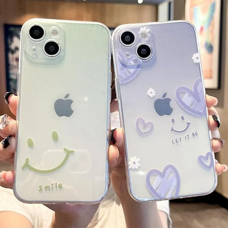 简约渐变笑脸适用苹果16promax手机壳OPPOReno14透明全包小米华为
