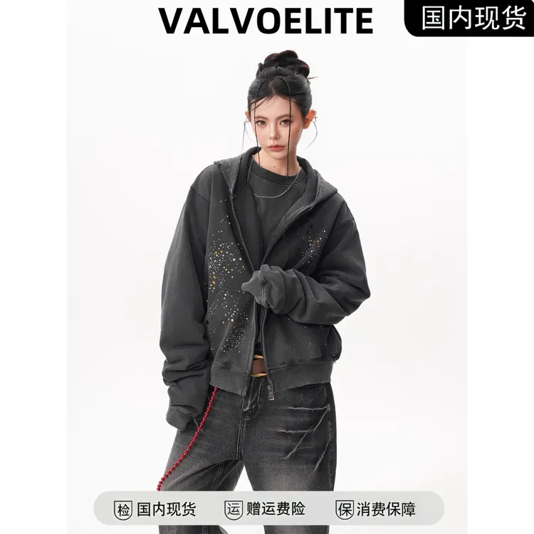 原创设计满天星烫钻卫衣男水洗设计感做旧破坏慵懒风水洗做旧连帽