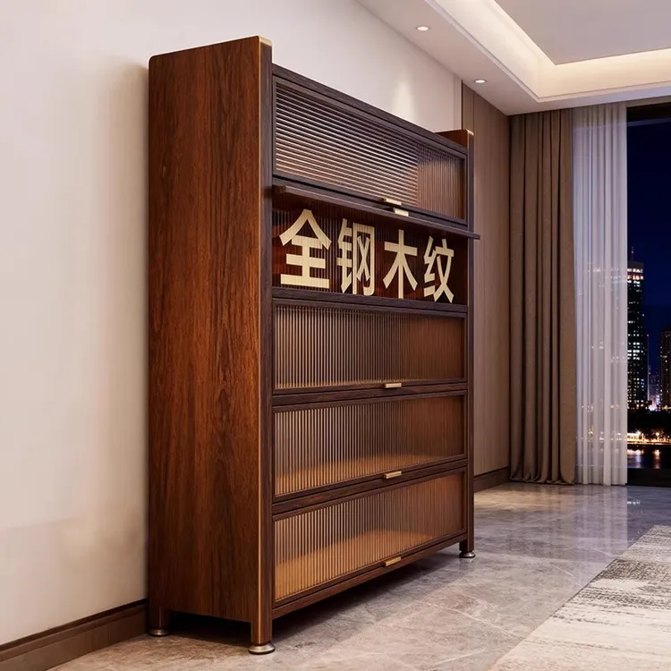 钢制书柜收纳储物柜一体靠墙胡桃木纹儿童书架带门防尘落地置物架