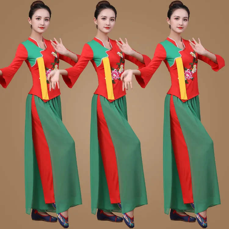 春夏广场舞服装新款套装古典雪纺秧歌扇子伞舞表演演出舞蹈服装女