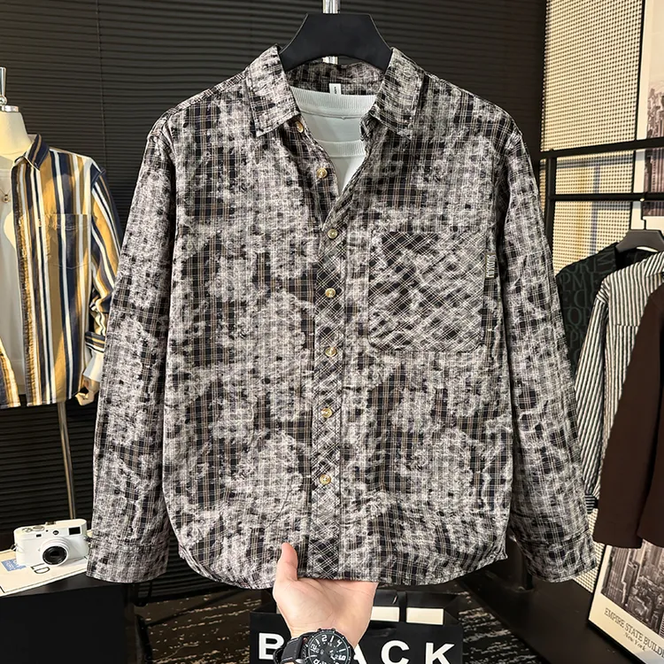 春季日系复古做旧印花格子衬衣外套男装休闲个性时尚新款长袖衬衫
