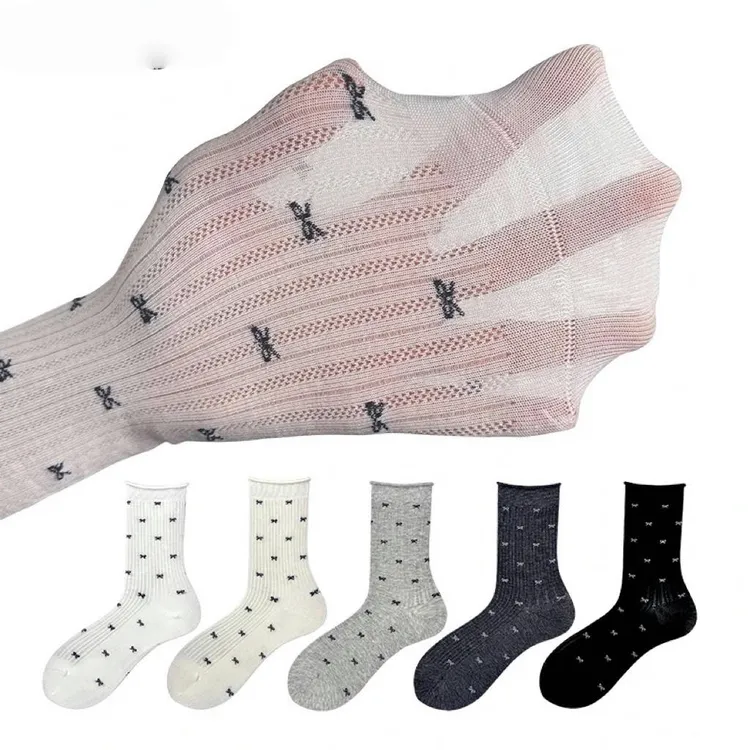 运动风蝴蝶结纯色透气常规中筒袜日式提花森系长筒袜