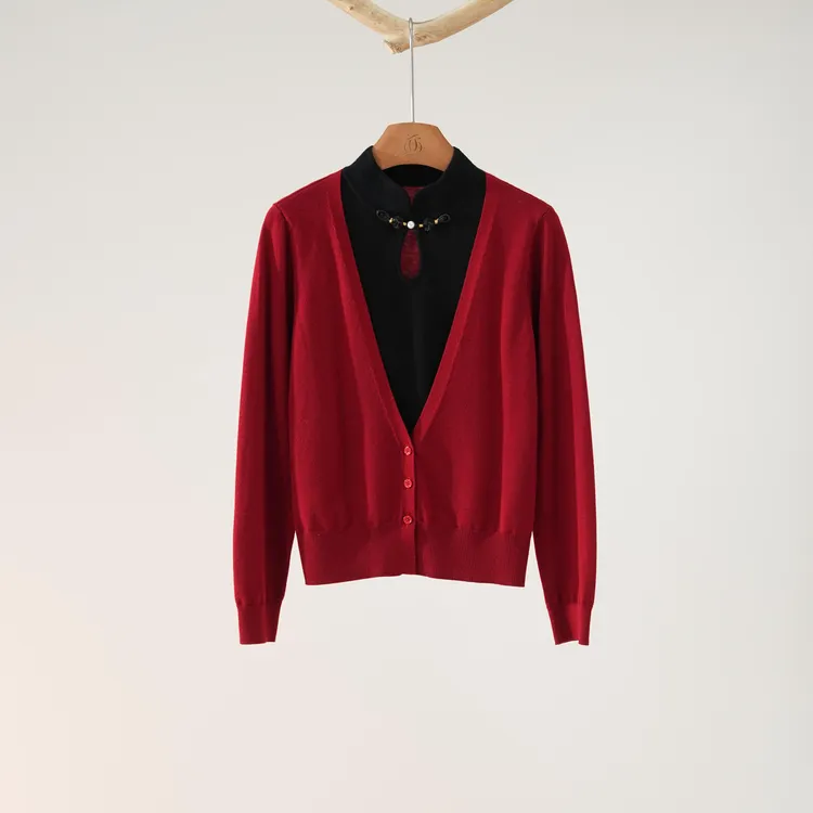 西子/【笑春风】羊毛混纺新中式假两件旗袍领针织衫/MSTJ532