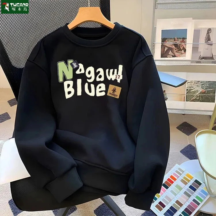 啄木鸟秋冬季加绒加厚男士百搭卫衣圆领宽松长袖T恤打底衫潮流