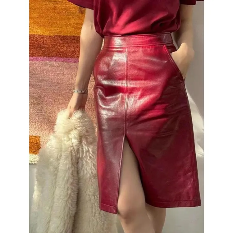 海宁真皮皮裙女安可拉红时尚百搭洋气前开叉半身裙a字中短裙秋冬