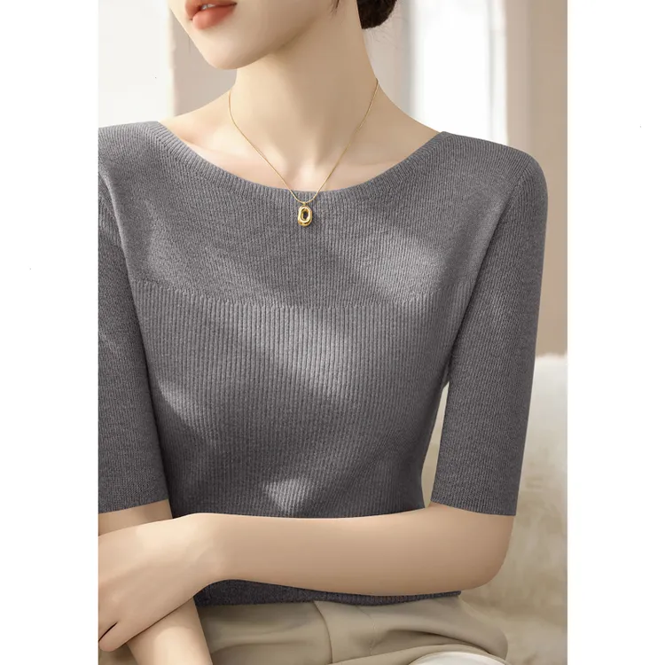 秋季套头百搭修身显瘦五分袖t恤新款女装一字领针织衫薄款上衣