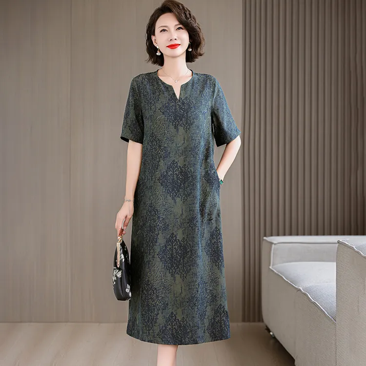 大码女装香云纱真丝连衣裙女2025夏季新款复古印花显瘦中长款裙子